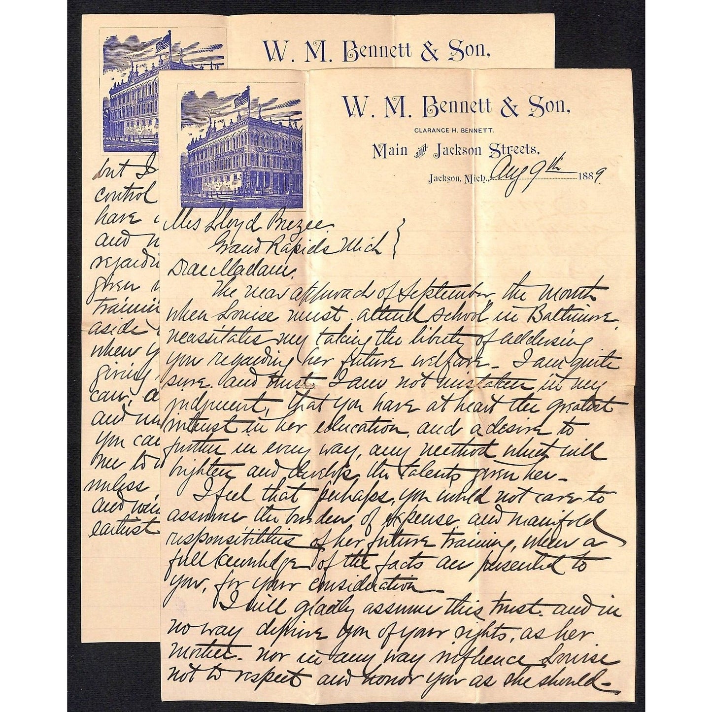 1889 W.M. Bennett & Son Jackson, MI (Dry Goods) ALS re: Louise's Welfare