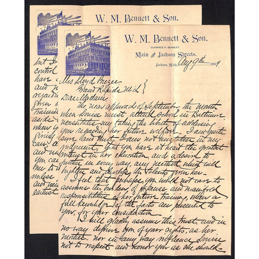 1889 W.M. Bennett & Son Jackson, MI (Dry Goods) ALS re: Louise's Welfare