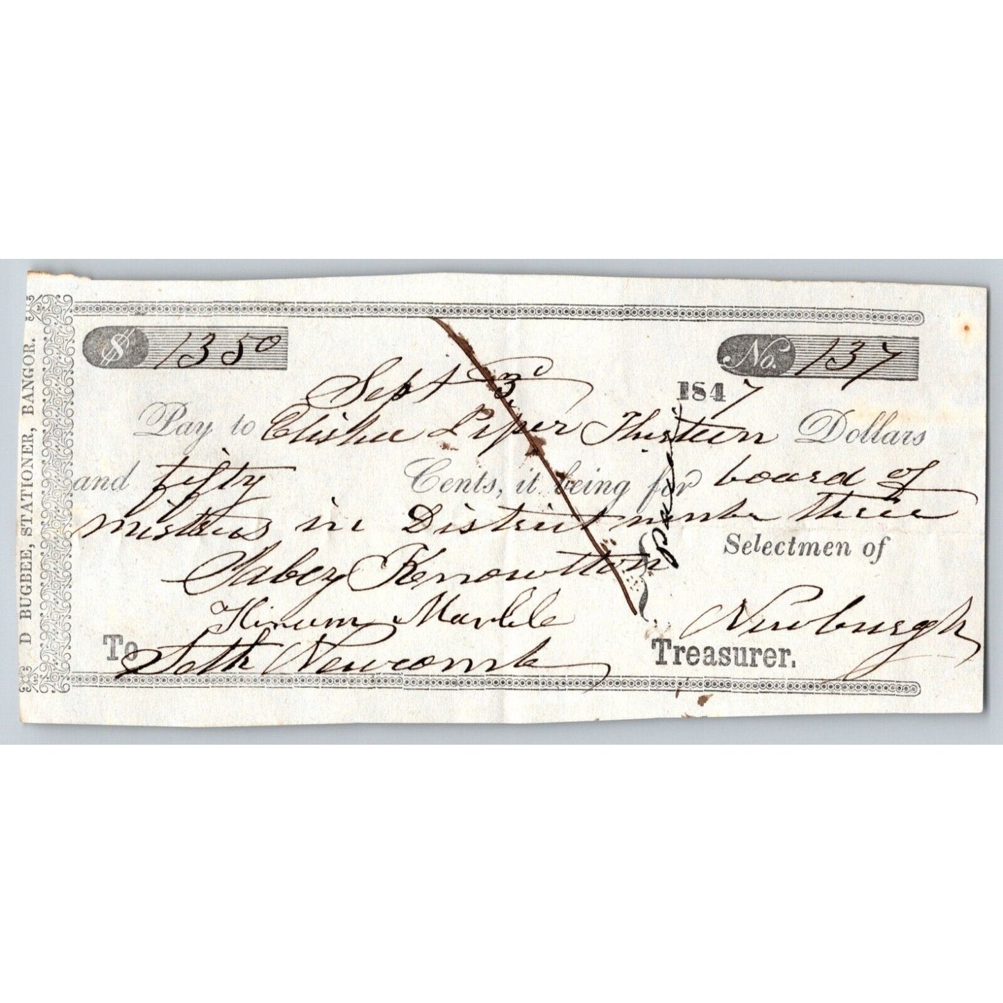 1847 Jabez Knowlton* Newburgh ME Town Check to __? Piper for Board of Mistress