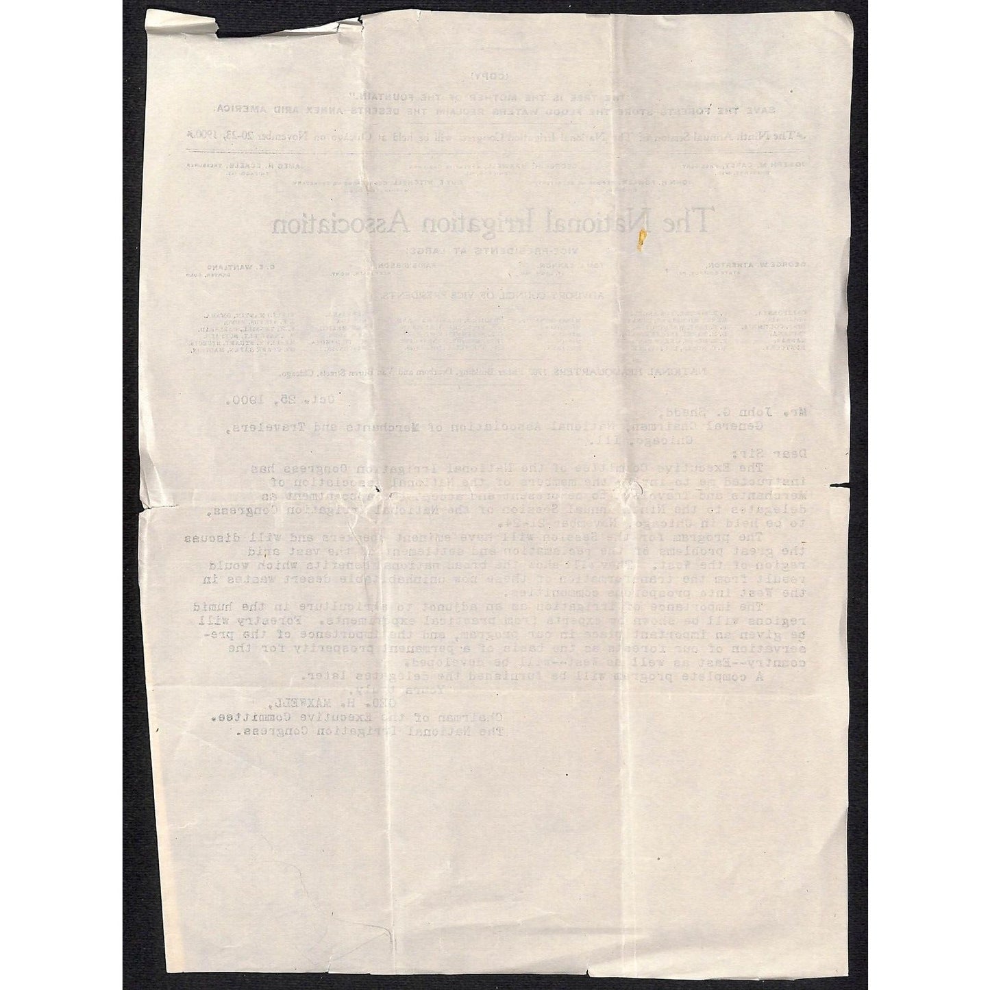 "National Irrigation Association" Chicago, IL 1900 Invitation Letterhead Scarce