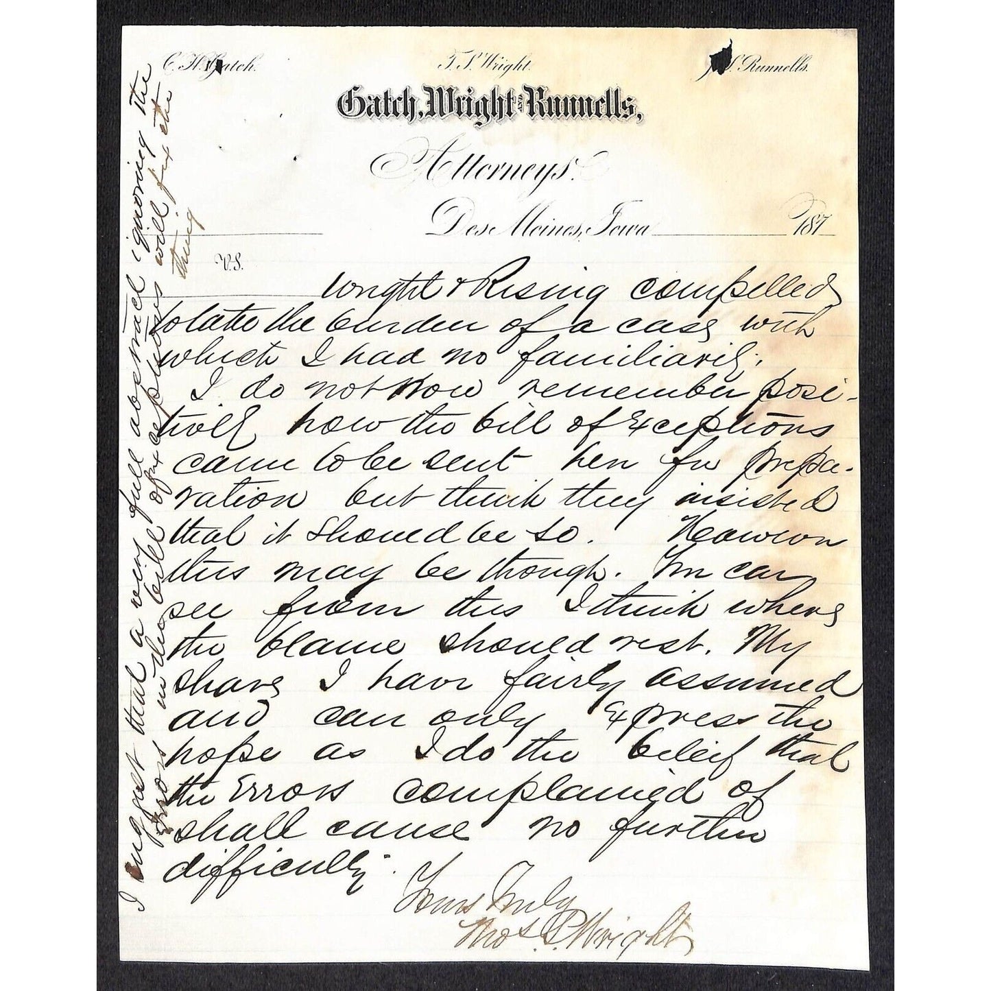 Gatch, Wright and Runnells Des Moines 1873 5pp ALS Letterhead Suit vs. CRI&P RR