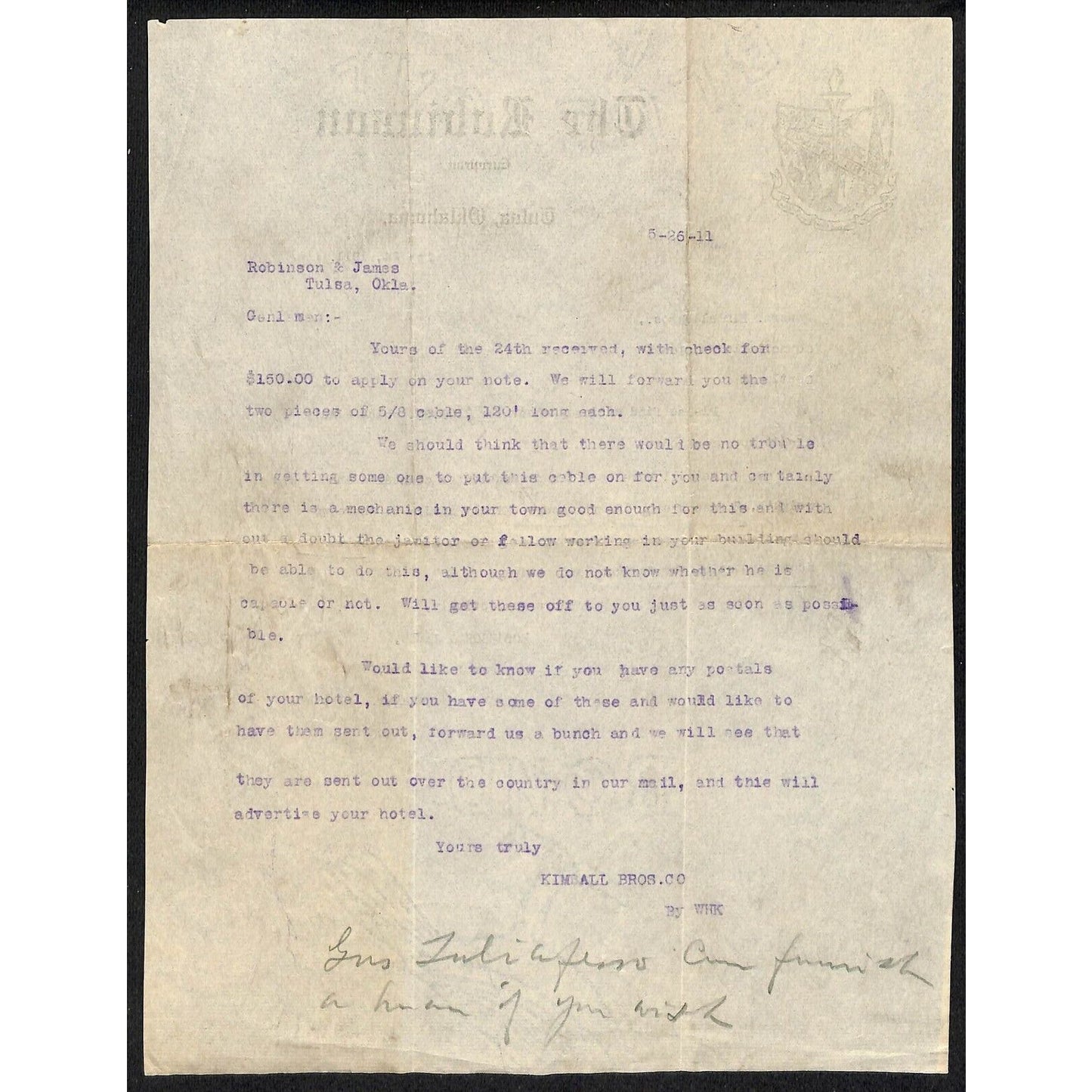 1911 The Robinson Hotel Tulsa, OK Letterhead Coat of Arms w/ Oil Derrick