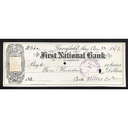 1876 First National Bank of Greenfield MASS $300 Bank Check
