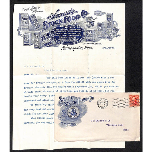 1908 "Security Stock Food Co" Minneapolis Letterhead w/ Prices & Cover Buford*