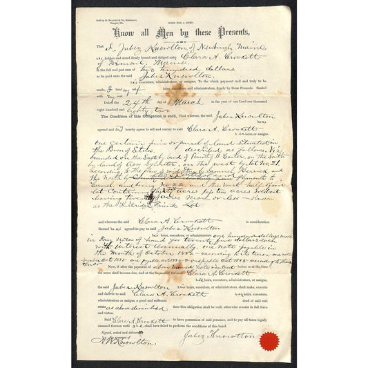 1882 Bond for a Deed Document Jabez Knowlton* Newburgh, ME Crockett Dixmont, ME