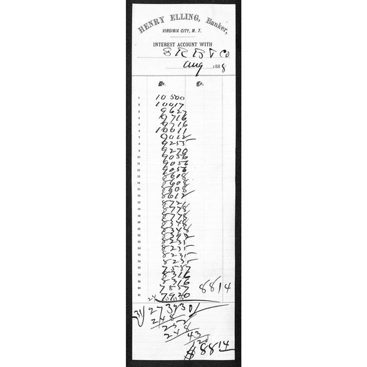 1888 Henry Elling Virginia City Montana Territory Monthly "Interest Account" (#1