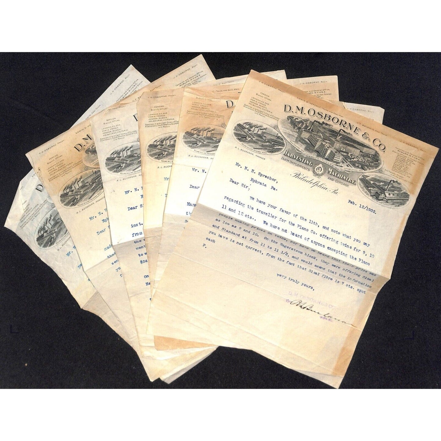 Group of 6 D.M. Osborne & Co. Harvesting Machines Philadelphia 1902 Letterheads