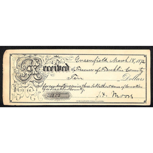 1872 Greenfield, MA Treasurer of Franklin County Receipt / House of Correction..