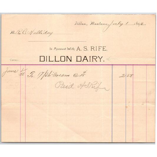 Dillon, MT Dillon Dairy A.S. July 1893 Billhead Rife R.C. Halliday*