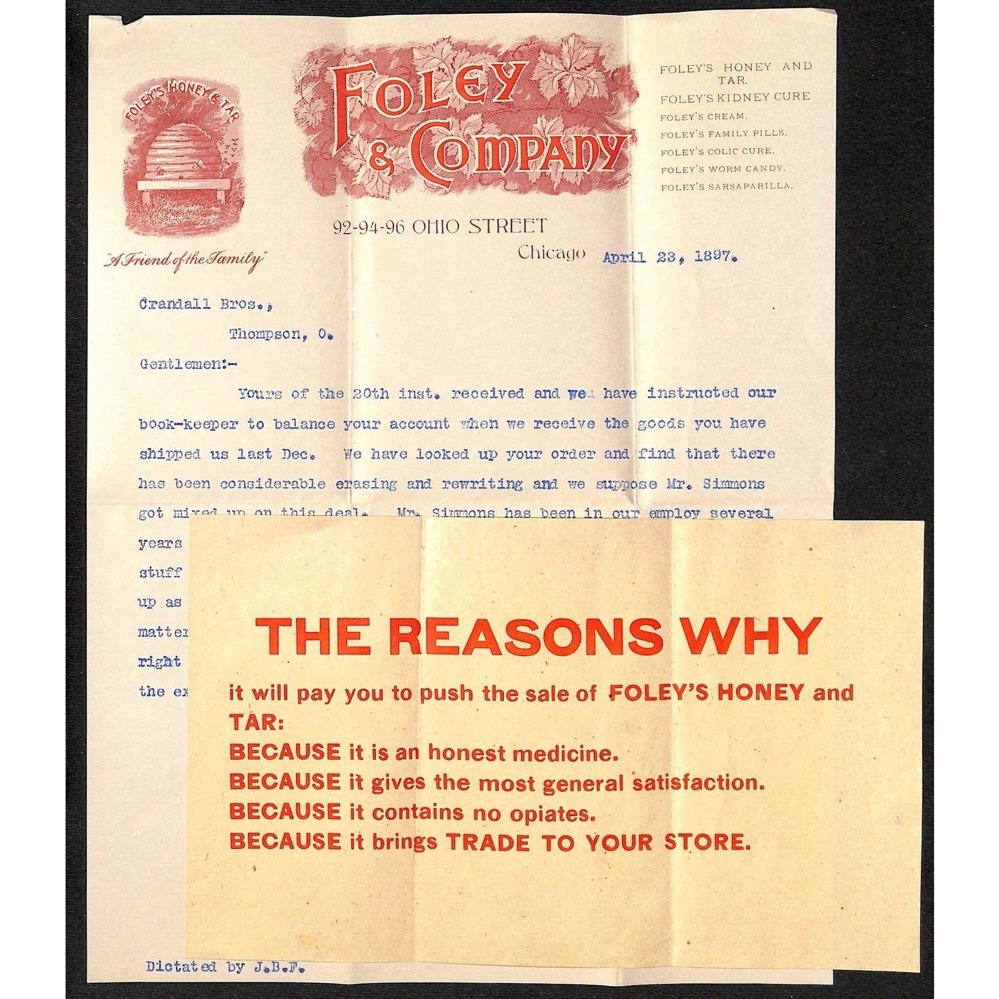 Foley & Company Honey & Tar Chicago 1897 Letterhead, Insert & Cover Beehive