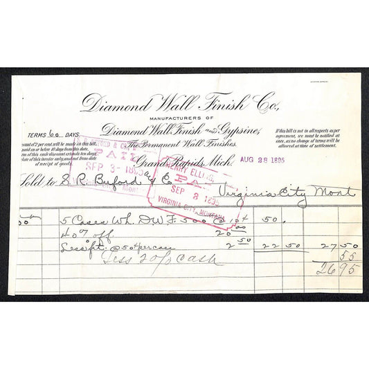 Grand Rapids, MI Diamond Wall Finish Co. 1895 Billhead to Buford* Virginia City