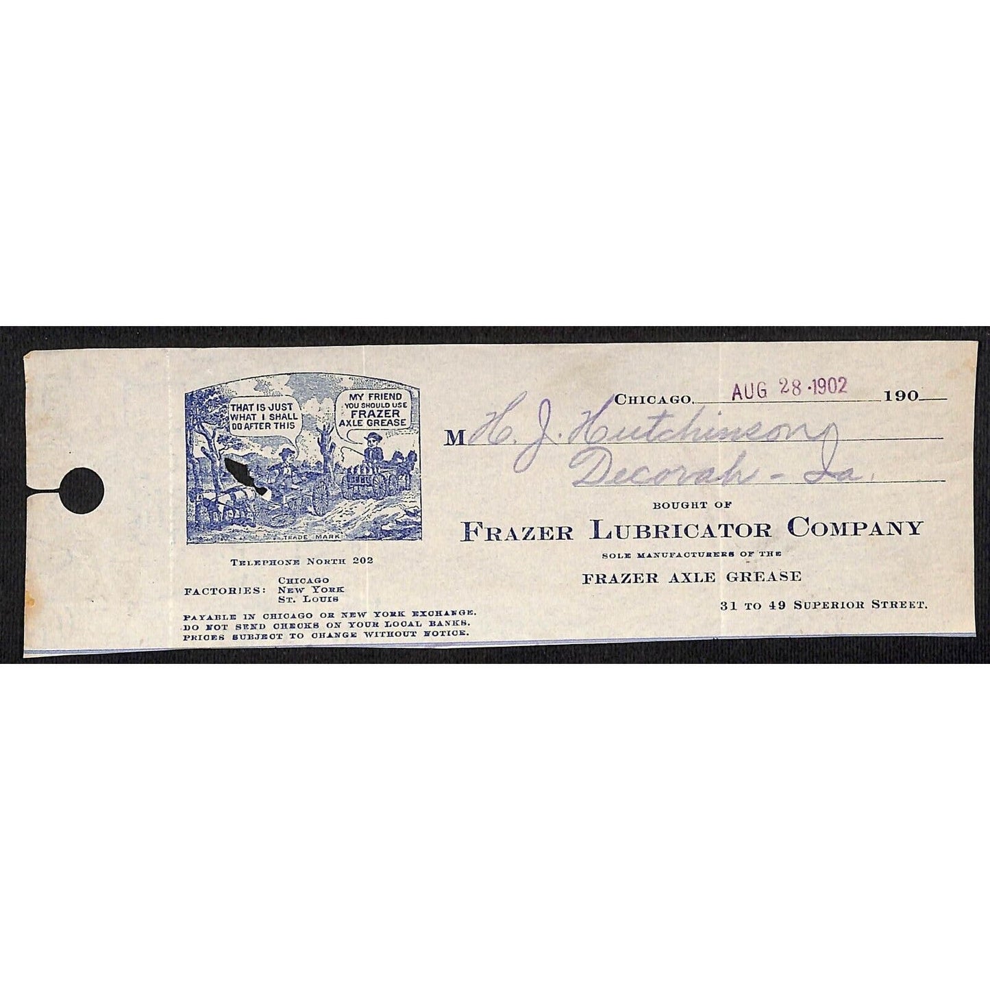 Frazer Lubricator Co. Axle Grease Chic. Hutchinson Decorah IA* Cut 1902 Billhead