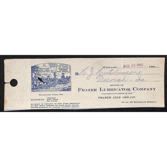 Frazer Lubricator Co. Axle Grease Chic. Hutchinson Decorah IA* Cut 1902 Billhead
