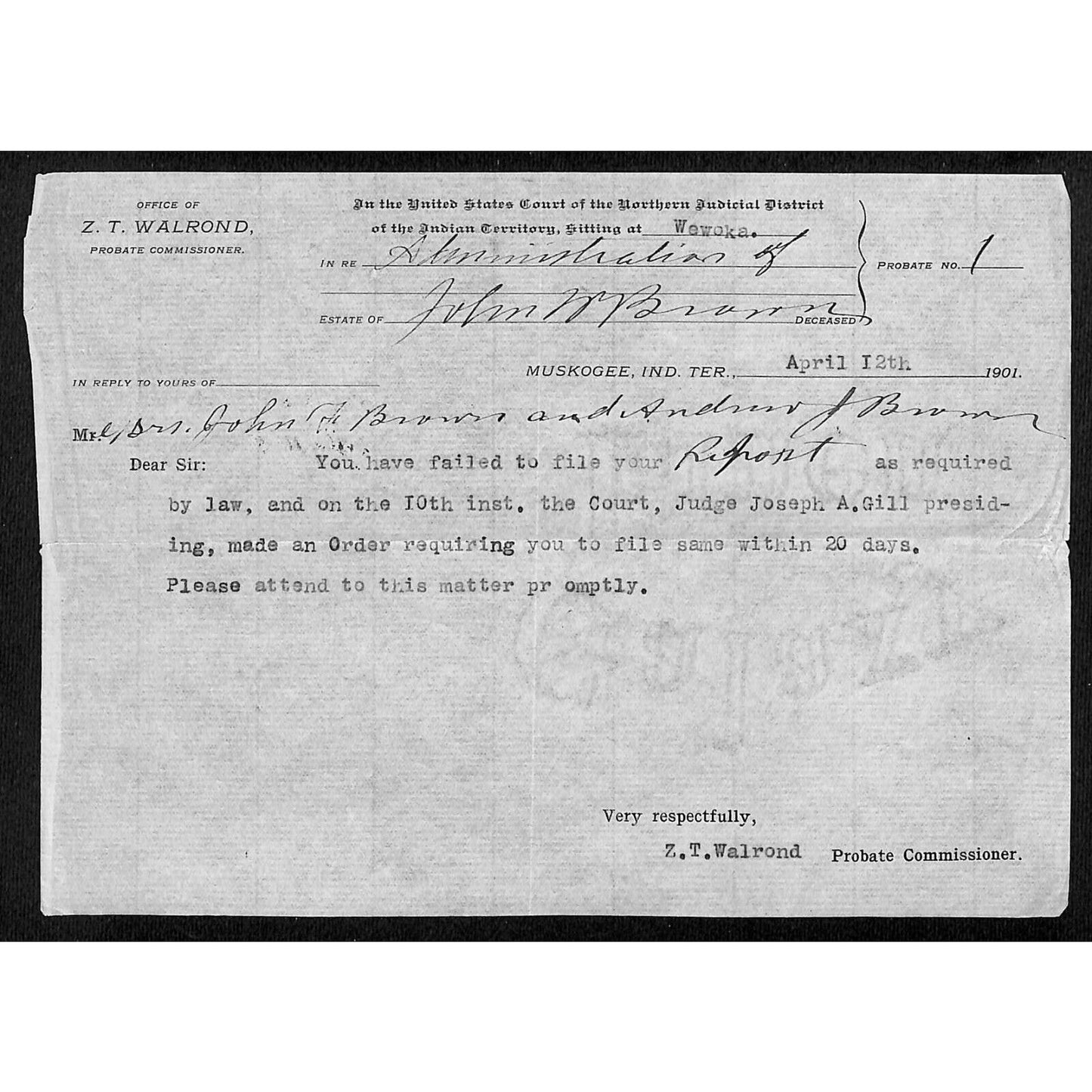 1901 US Court Northern District Muskogee Indian Territory Walrond Letterhead
