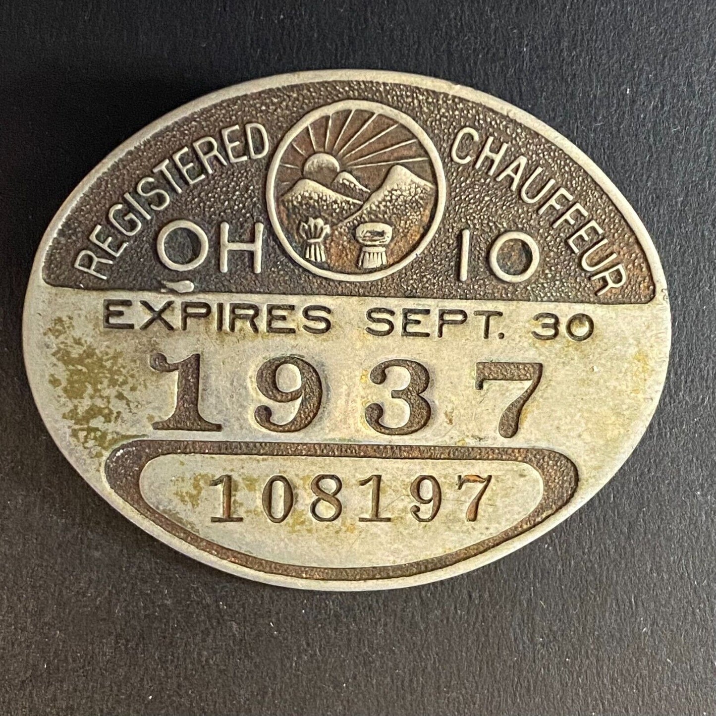 1937 Ohio Registered / Licensed Driver Chauffeur Metal Pin Back Badge #108197