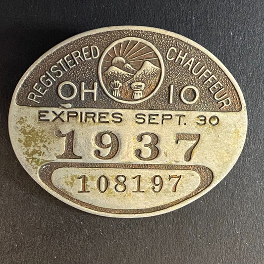 1937 Ohio Registered / Licensed Driver Chauffeur Metal Pin Back Badge #108197