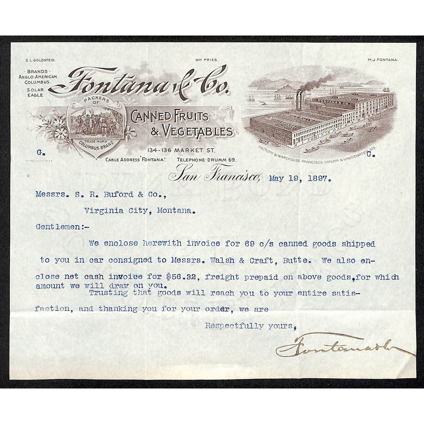 Fontaina & Co. Canned Fruits Buford* 1897 Letterhead re: Goods Shipped via Car