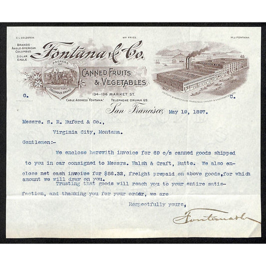 Fontaina & Co. Canned Fruits Buford* 1897 Letterhead re: Goods Shipped via Car