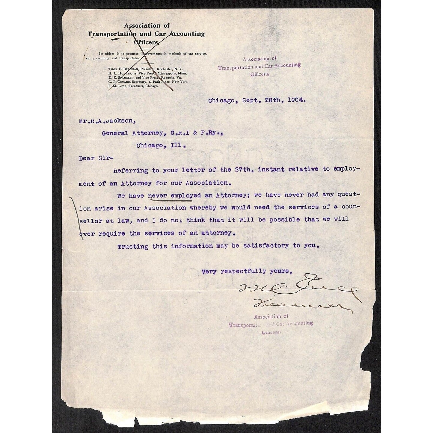 Association of Transportation and Car Accounting Officers 1904 Letterhead RR