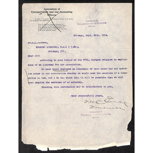 Association of Transportation and Car Accounting Officers 1904 Letterhead RR