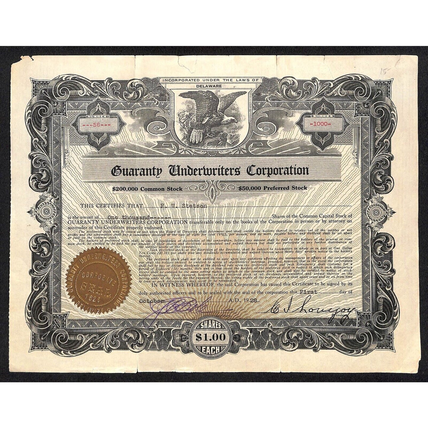 Guaranty Underwriters Corp. 1928 Stock Certificate F.W. Stetson