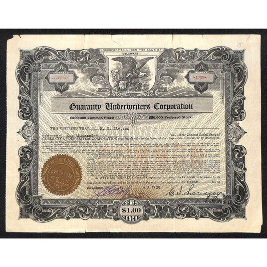 Guaranty Underwriters Corp. 1928 Stock Certificate F.W. Stetson