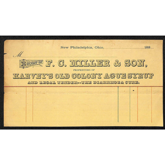 F.C. Miller & Son "Harvey's Old Colony Ague Syrup" New Phila. 1880's Billhead