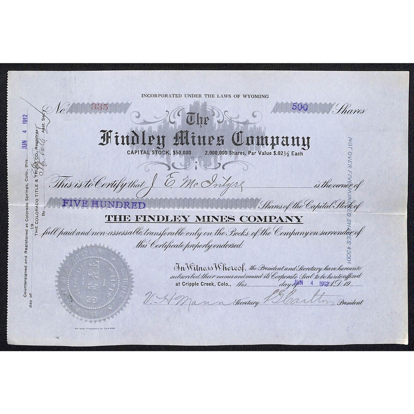 Findley Mines Co. 1912 Cripple Creek Stock Certificate w/ L.G. Carlton Sig. #335