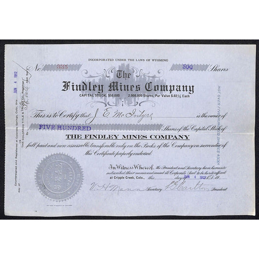 Findley Mines Co. 1912 Cripple Creek Stock Certificate w/ L.G. Carlton Sig. #335
