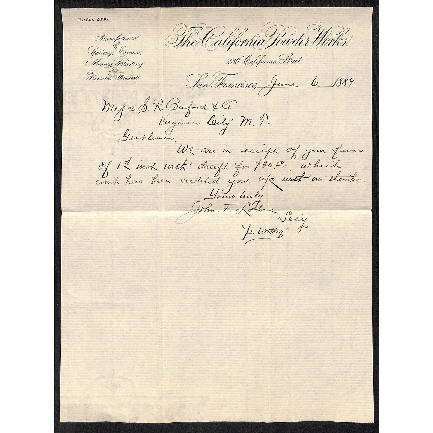 California Powder Works Hercules Dynamite 6/6 1889 ALS Letterhead S.R. Buford*