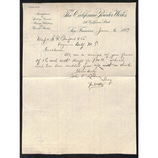 California Powder Works Hercules Dynamite 6/6 1889 ALS Letterhead S.R. Buford*