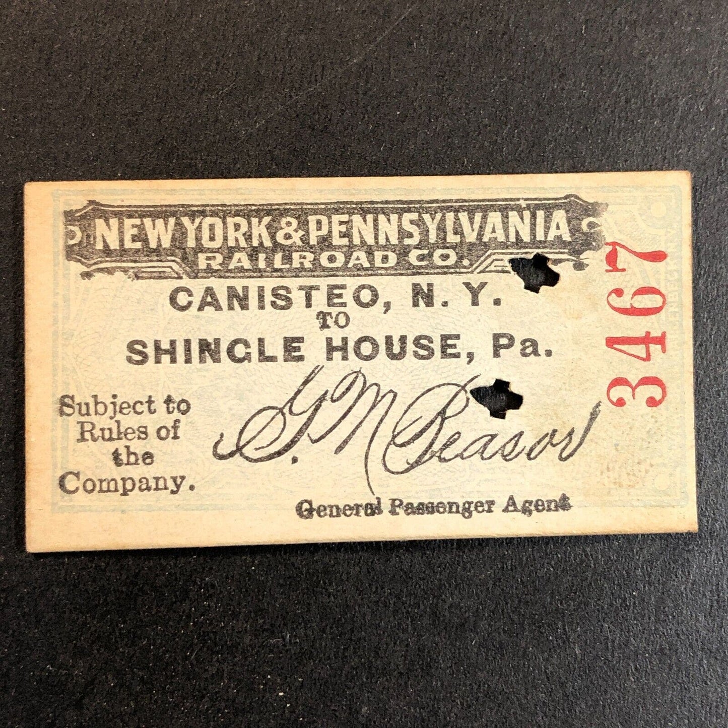 New York & Pennsylvania Railroad July 11 1917 Shingle House Ticket #3467 Scarce
