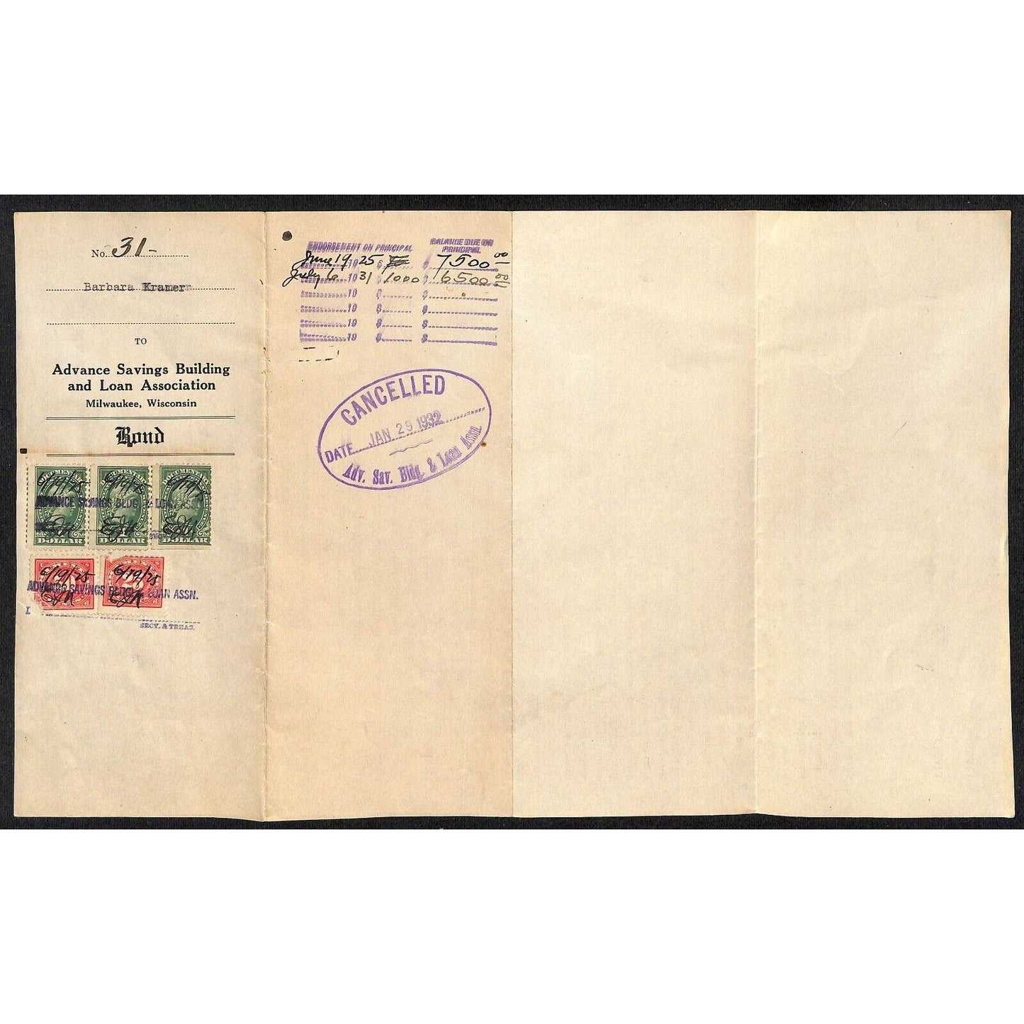 1932 Advance Savings Building and Loan Assoc. $7,500 Bond w/ Tax Stamps VGC