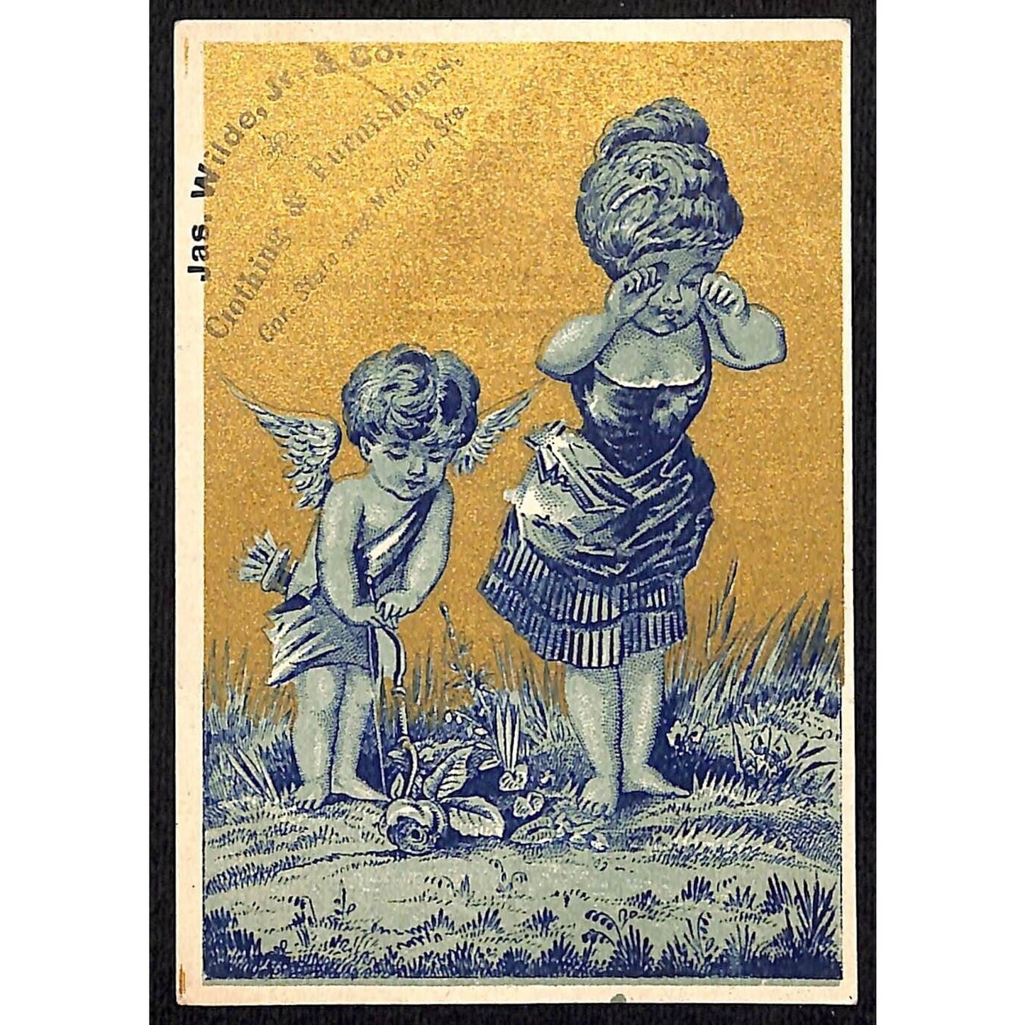 James Wilde, Jr. & Co. Chicago Men's Suits Victorian Trade Card Cupid w/ Woman