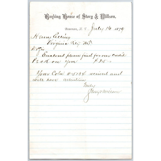 Banking House of Story & Nelson Bozeman, MT 7/16 1879 Letterhead - Henry Elling*