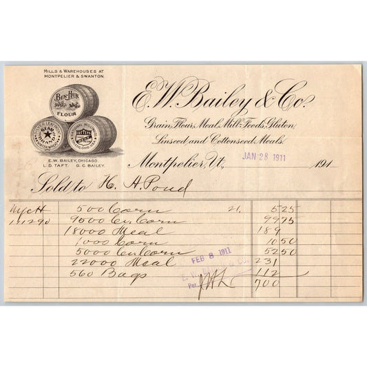 E.W. Bailey & Co. Grain Flour Mill Feeds Montpelier, VT 1911 Billhead Big Order