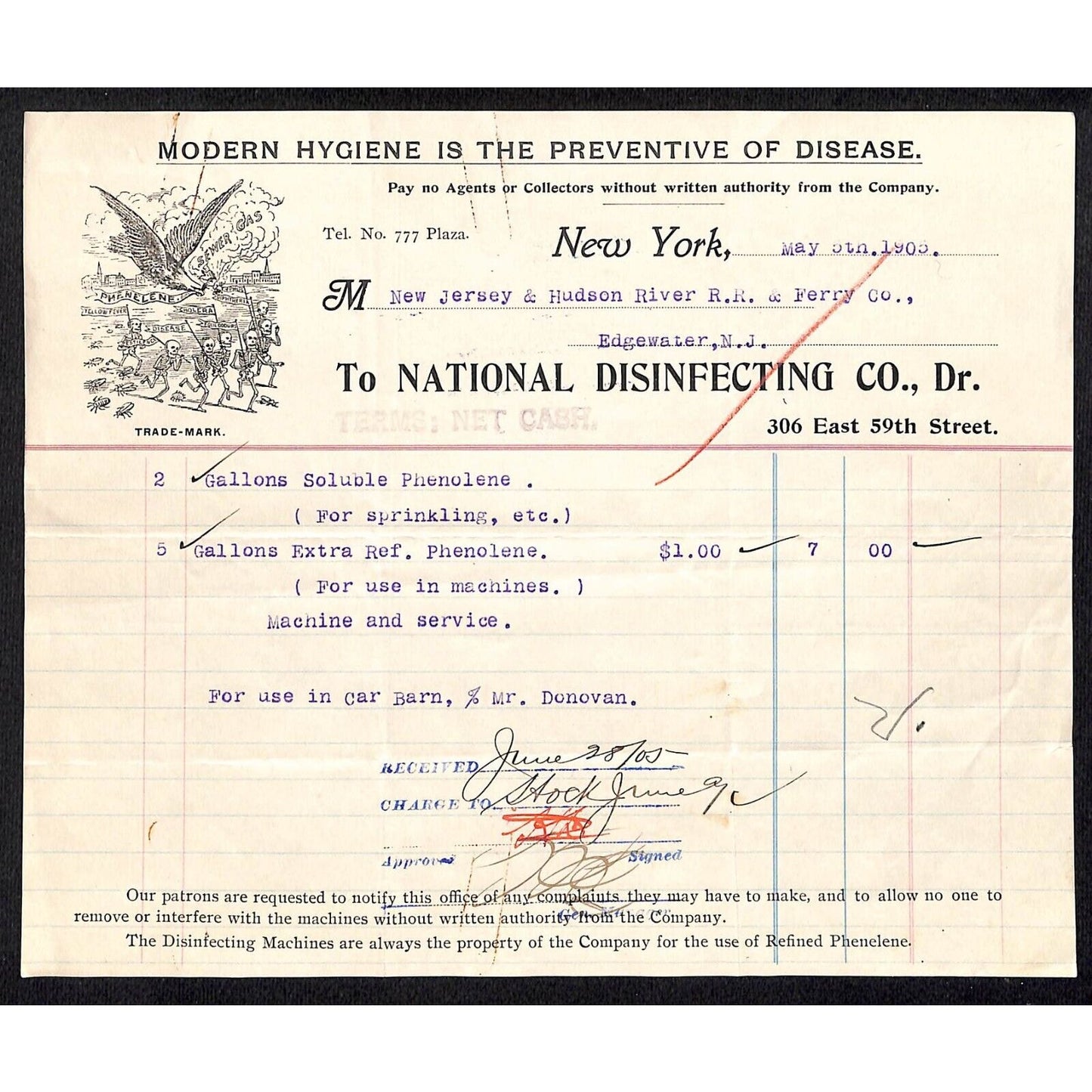 National Disinfection Co. NYC 1905 Billhead to: NJ & Hudson River RR & Ferry Co.