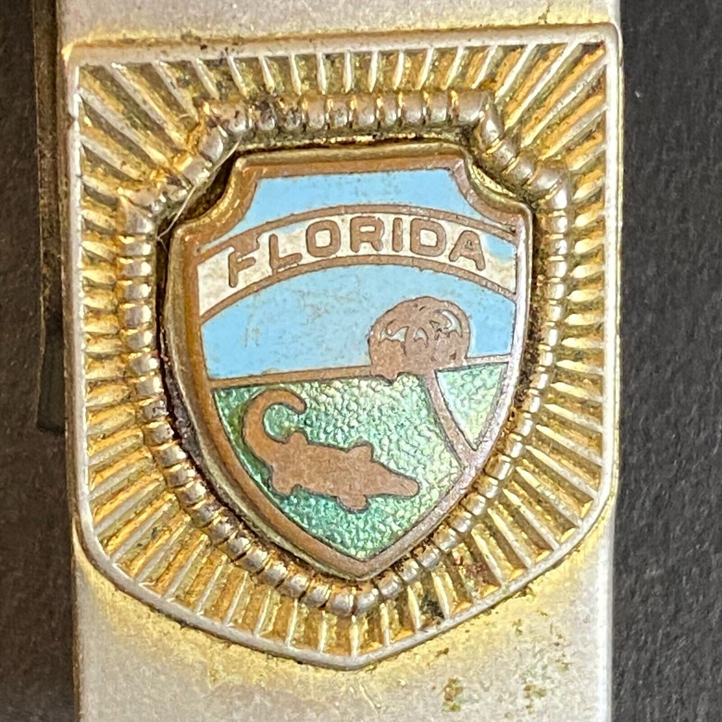 Florida Alligator Palm Tree Blue Sky Money Clip w/ Enameled Badge c1940's-50's
