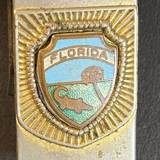 Florida Alligator Palm Tree Blue Sky Money Clip w/ Enameled Badge c1940's-50's