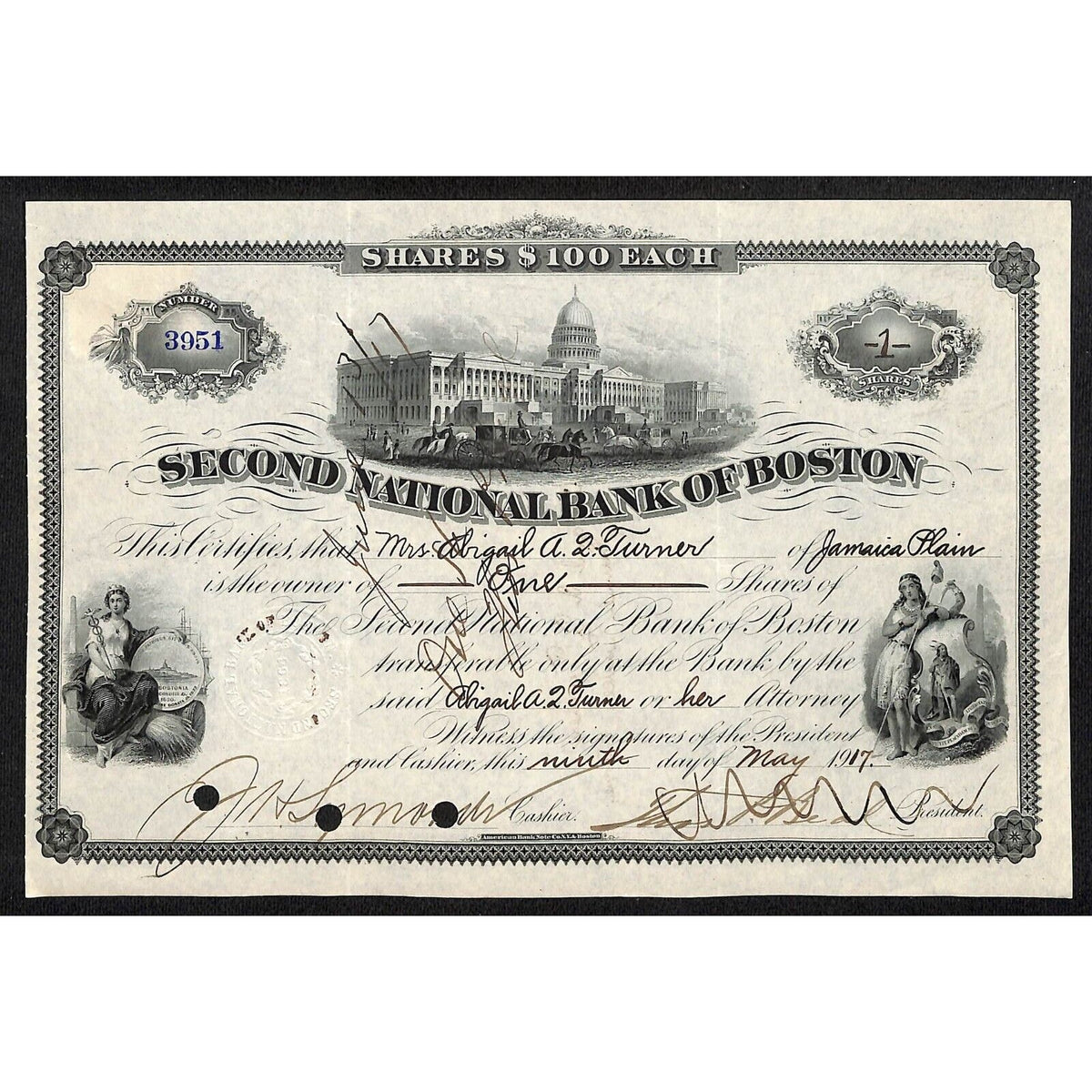 Second National Bank of Boston 1917 Stock Certificate to Abigail A.L. Turner
