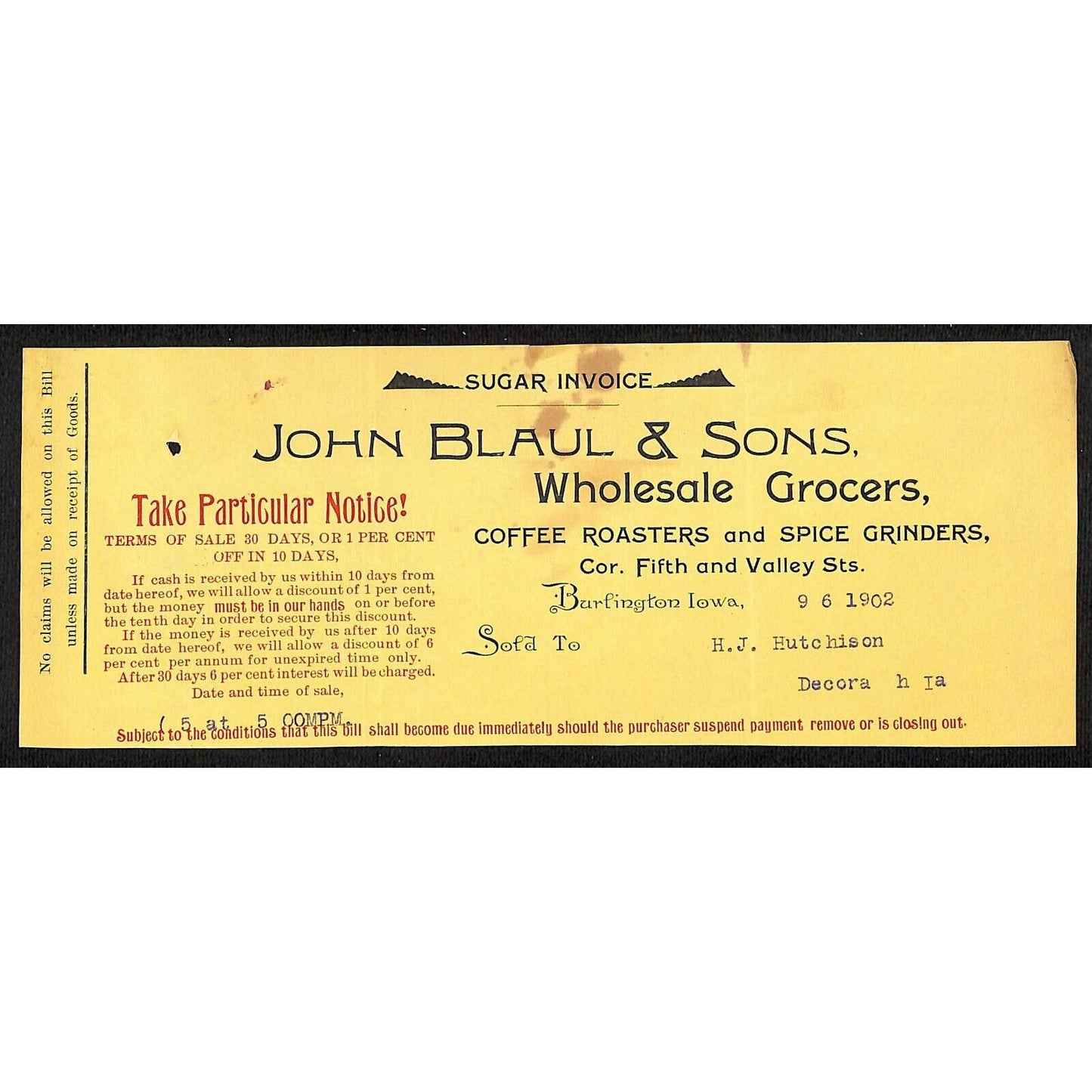 John Blaul's Sons Coffee Burlington, IA Hutchinson* 9/6 1902 Cut "Sugar Invoice"