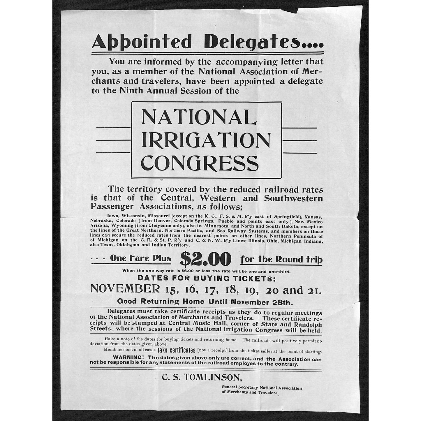 National Irrigation Congress c1900-1910? Letterhead / Broadside R.R. Round Trip