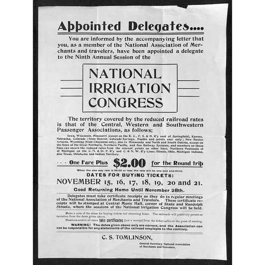 National Irrigation Congress c1900-1910? Letterhead / Broadside R.R. Round Trip