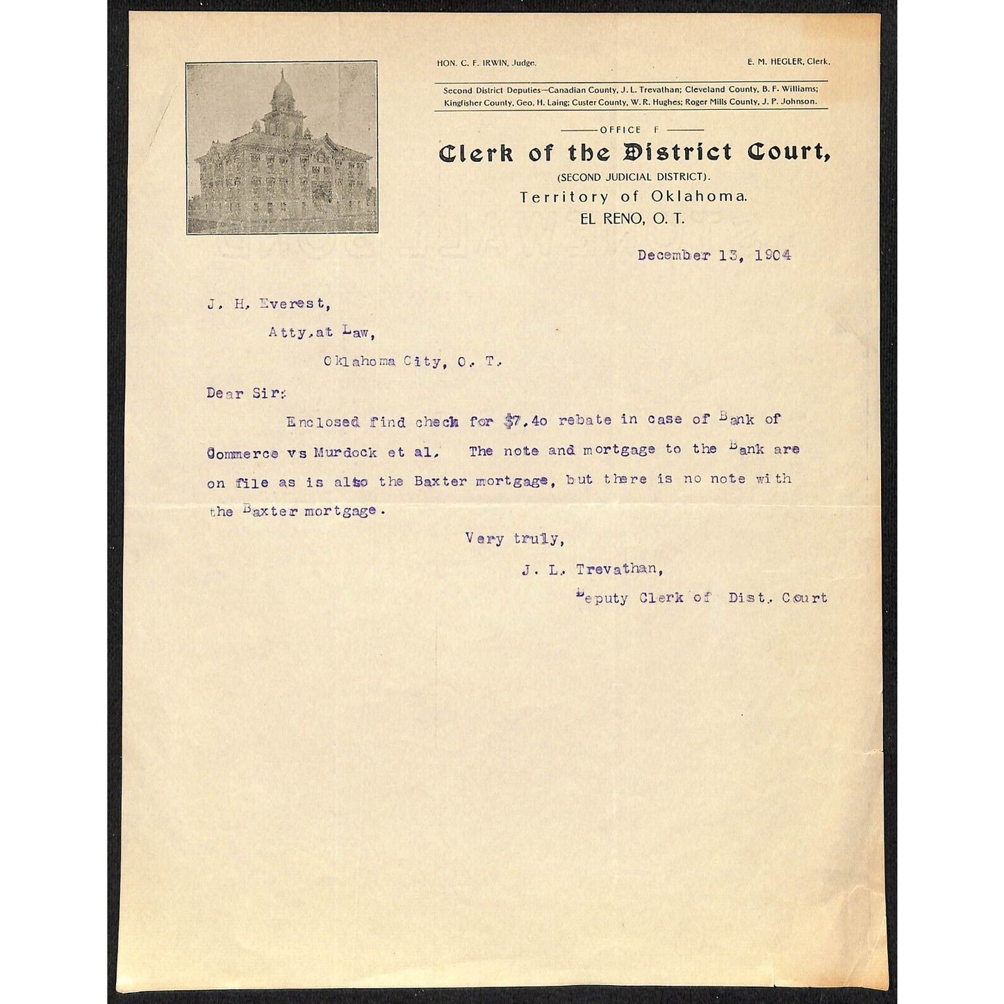1904 Clerk of the District Court El Reno, OK Indian Territory Letterhead