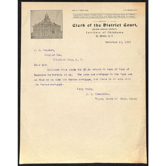 1904 Clerk of the District Court El Reno, OK Indian Territory Letterhead