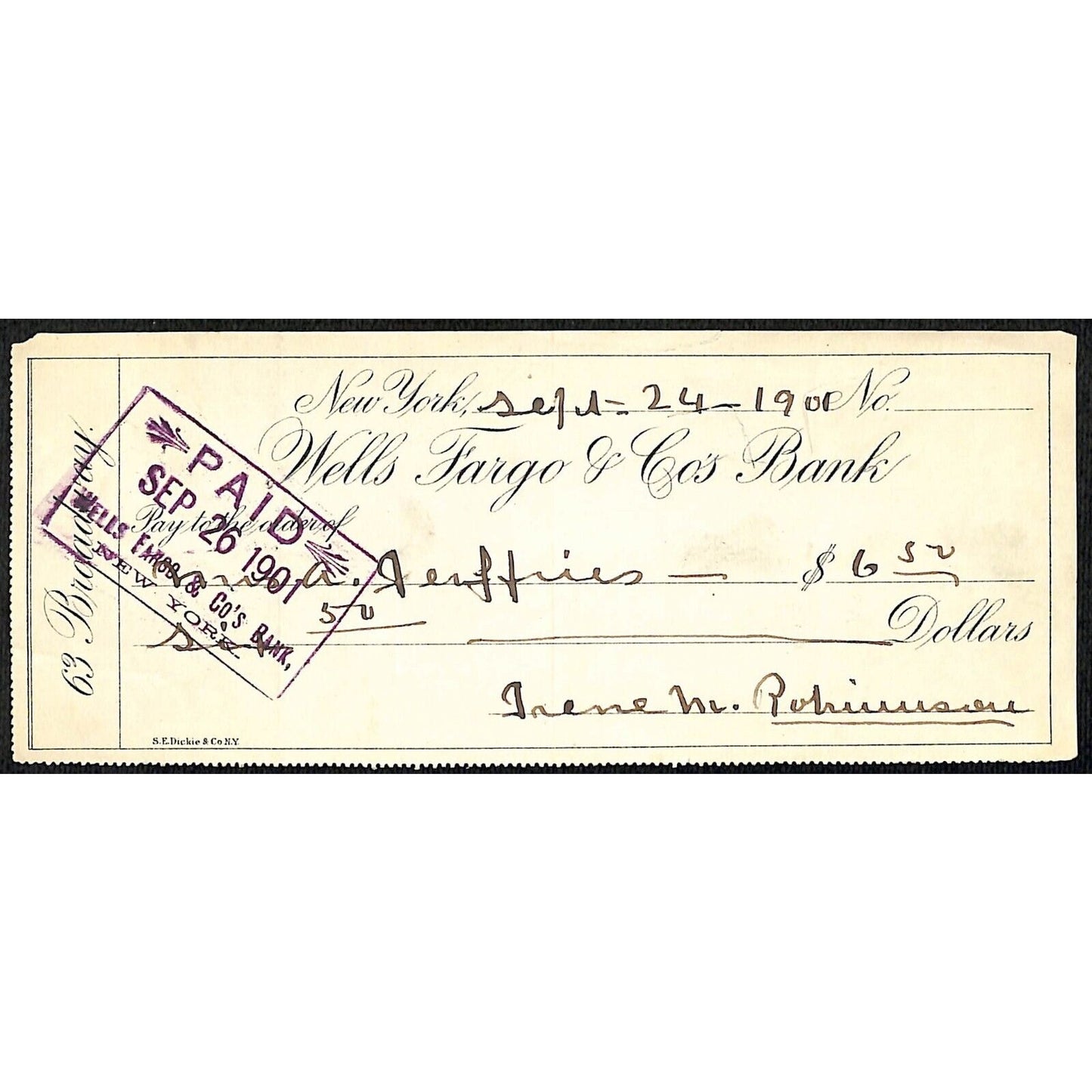1901 Wells Fargo & Co Bank 63 Broadway NYC Check to A. Jefferies $6.50