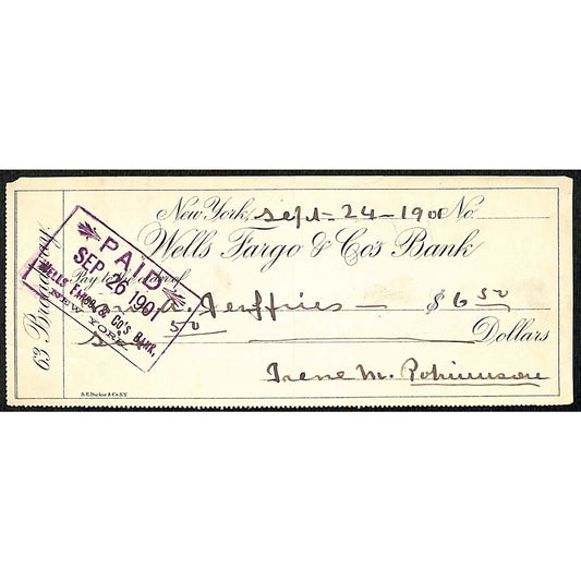 1901 Wells Fargo & Co Bank 63 Broadway NYC Check to A. Jefferies $6.50