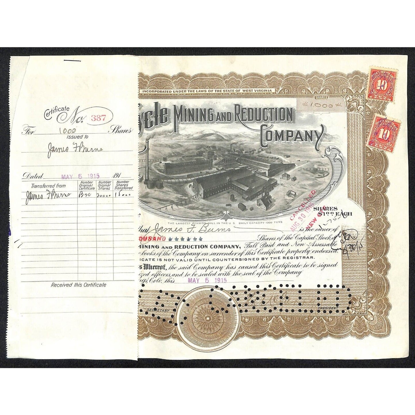 Golden Cycle Mining 1915 Stock Certificate w/ James F. Burns Sig. #387