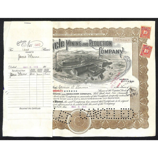 Golden Cycle Mining 1915 Stock Certificate w/ James F. Burns Sig. #387