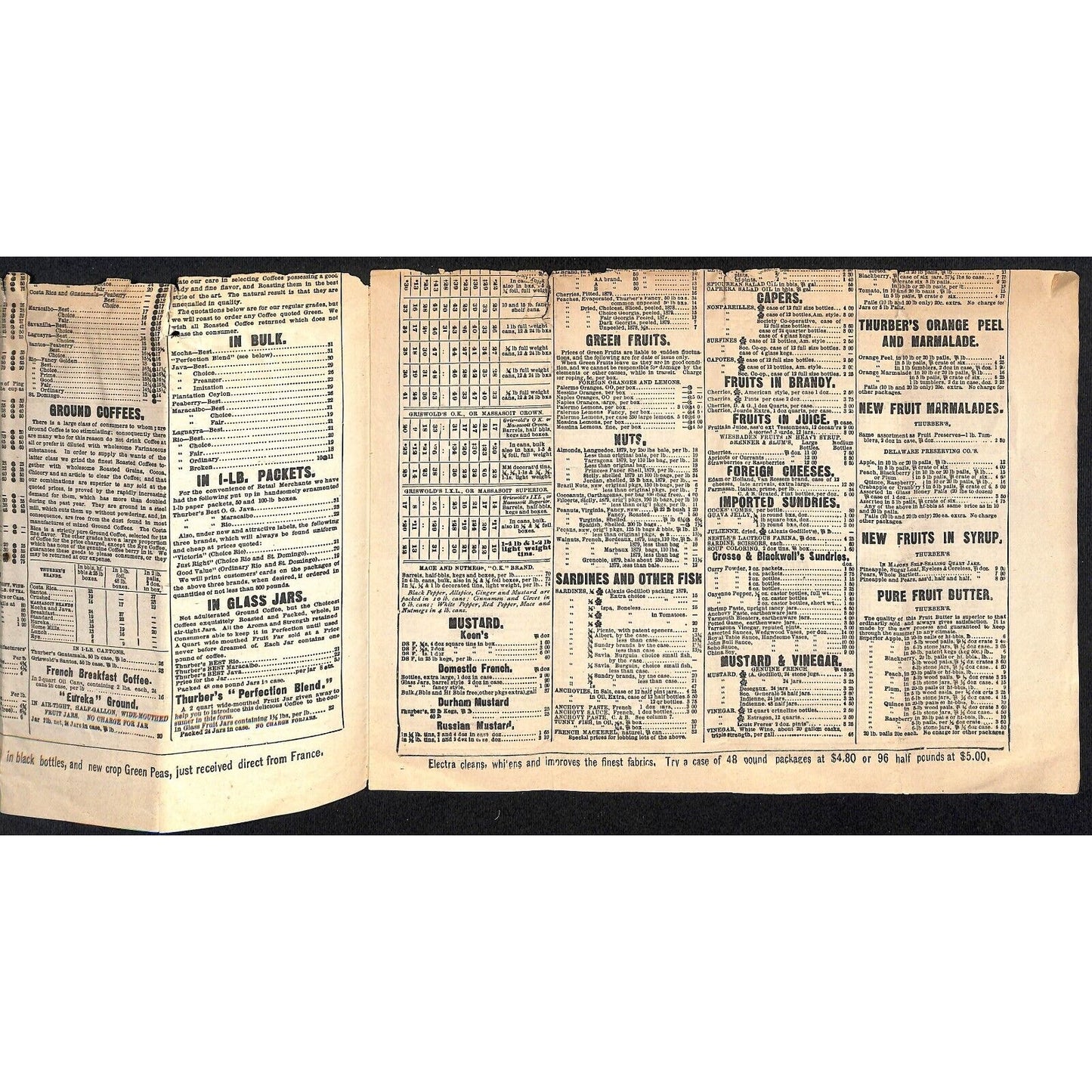 H.K. & F.B. Thurber & Co NYC 1880 Newspaper-Style Whsl. Food Price List TORN*